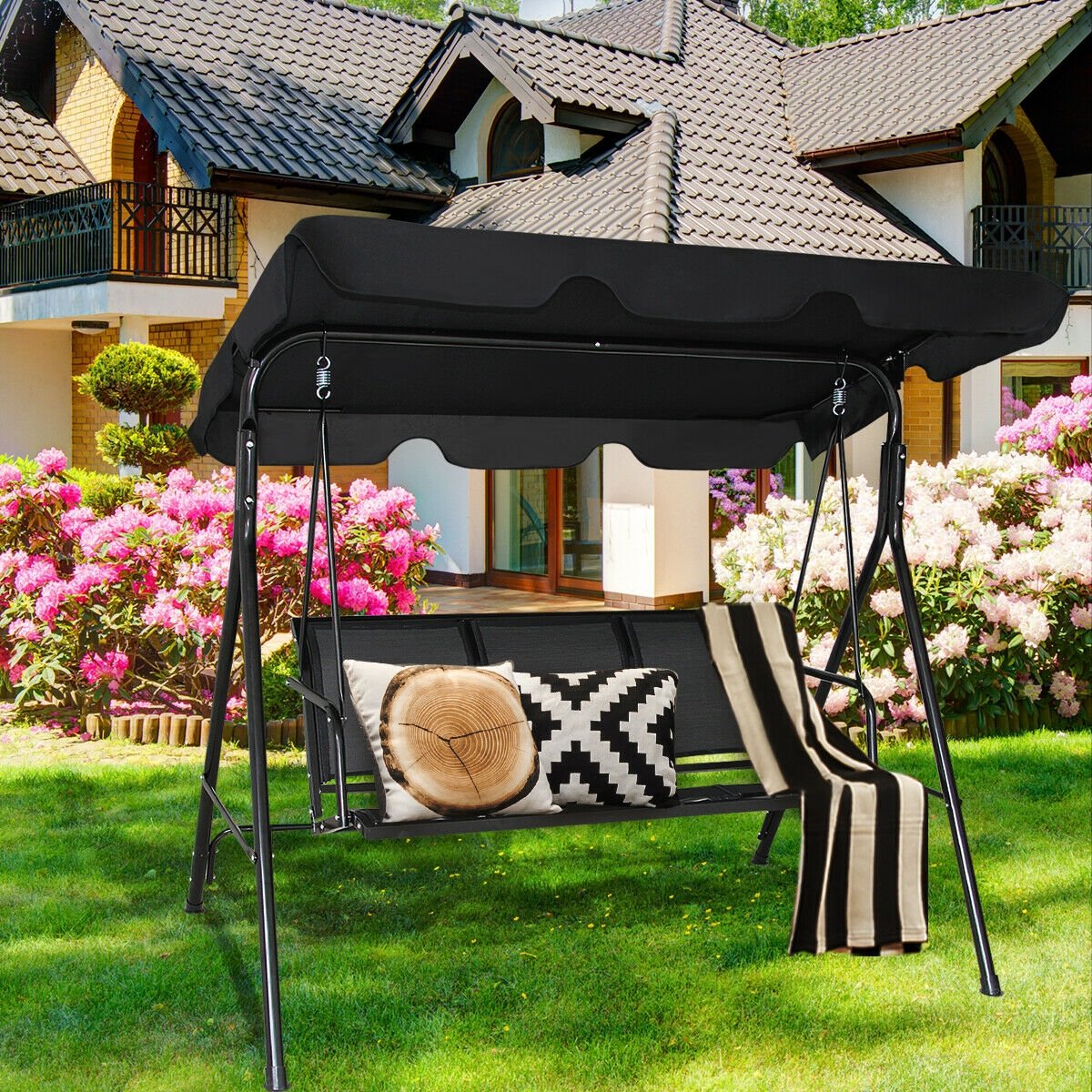 Outdoor Patio Swing Canopy 3 Person Canopy Swing Chair, Black Porch Swings   at Gallery Canada