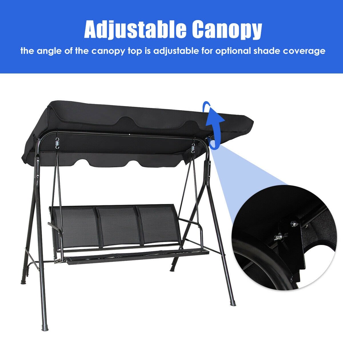 Outdoor Patio Swing Canopy 3 Person Canopy Swing Chair, Black Porch Swings   at Gallery Canada