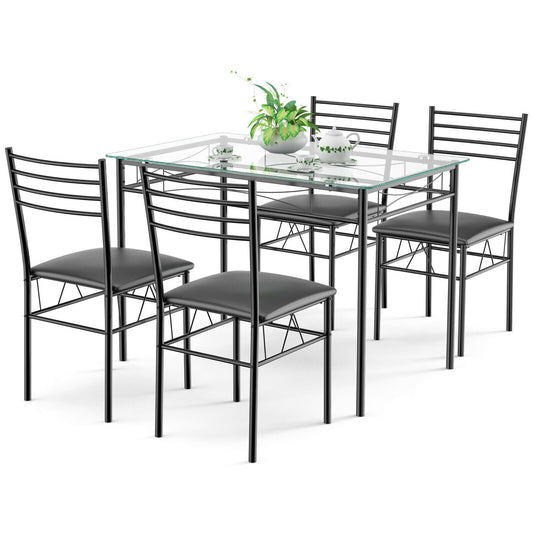 5 Pieces Dining Set with Tempered Glass Top Table and 4 Upholstered Chairs, Black Dining Room Sets   at Gallery Canada