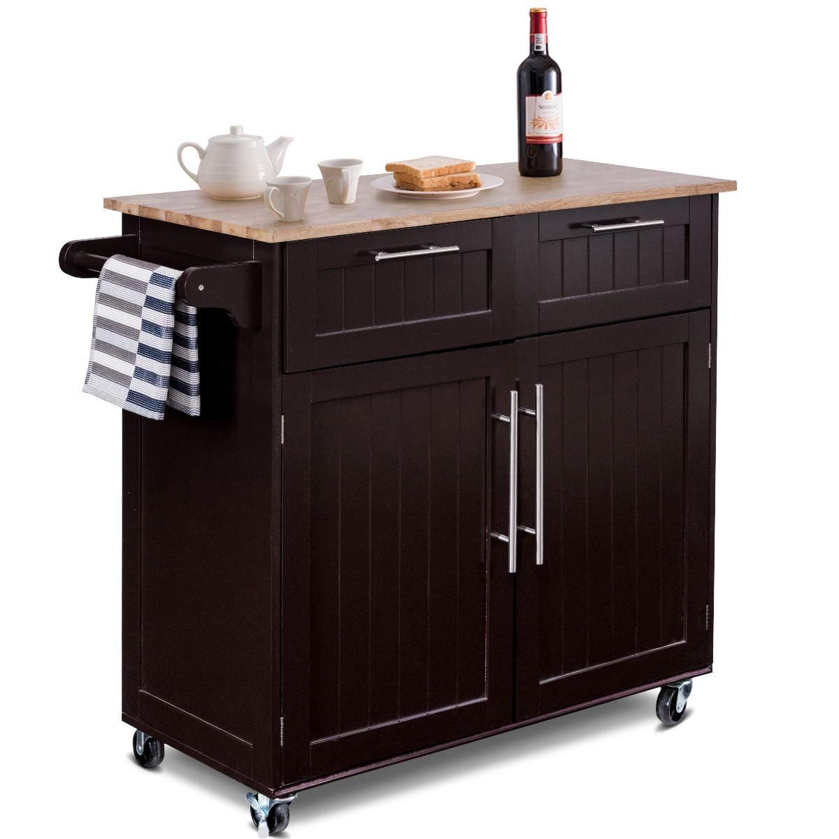 Heavy Duty Rolling Kitchen Cart with Tower Holder and Drawer, Brown - Gallery Canada