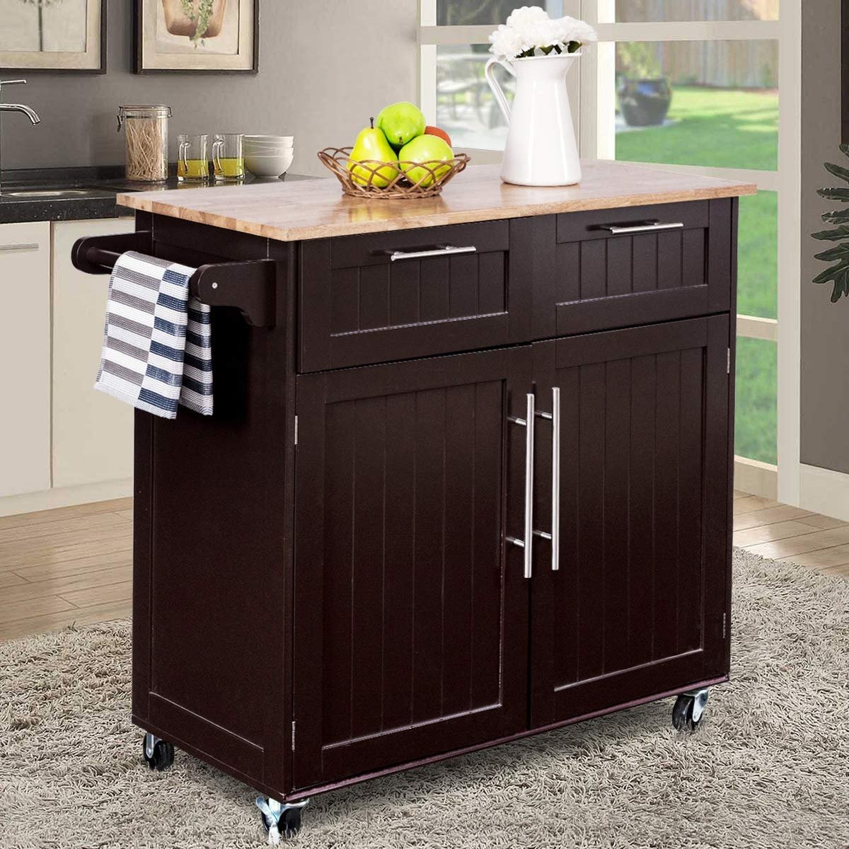 Heavy Duty Rolling Kitchen Cart with Tower Holder and Drawer, Brown - Gallery Canada