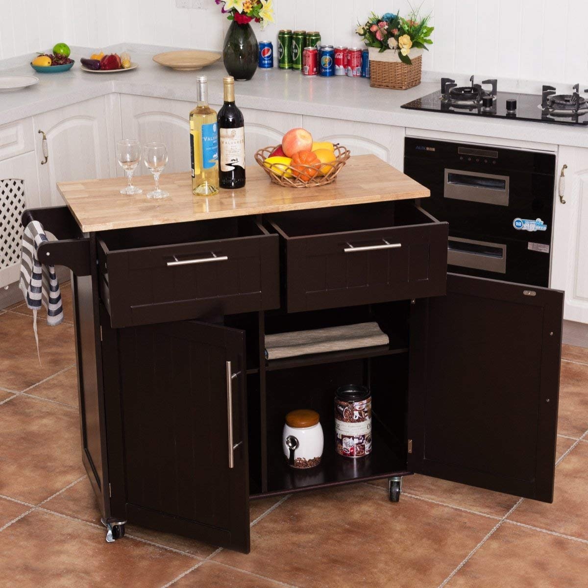 Heavy Duty Rolling Kitchen Cart with Tower Holder and Drawer, Brown - Gallery Canada