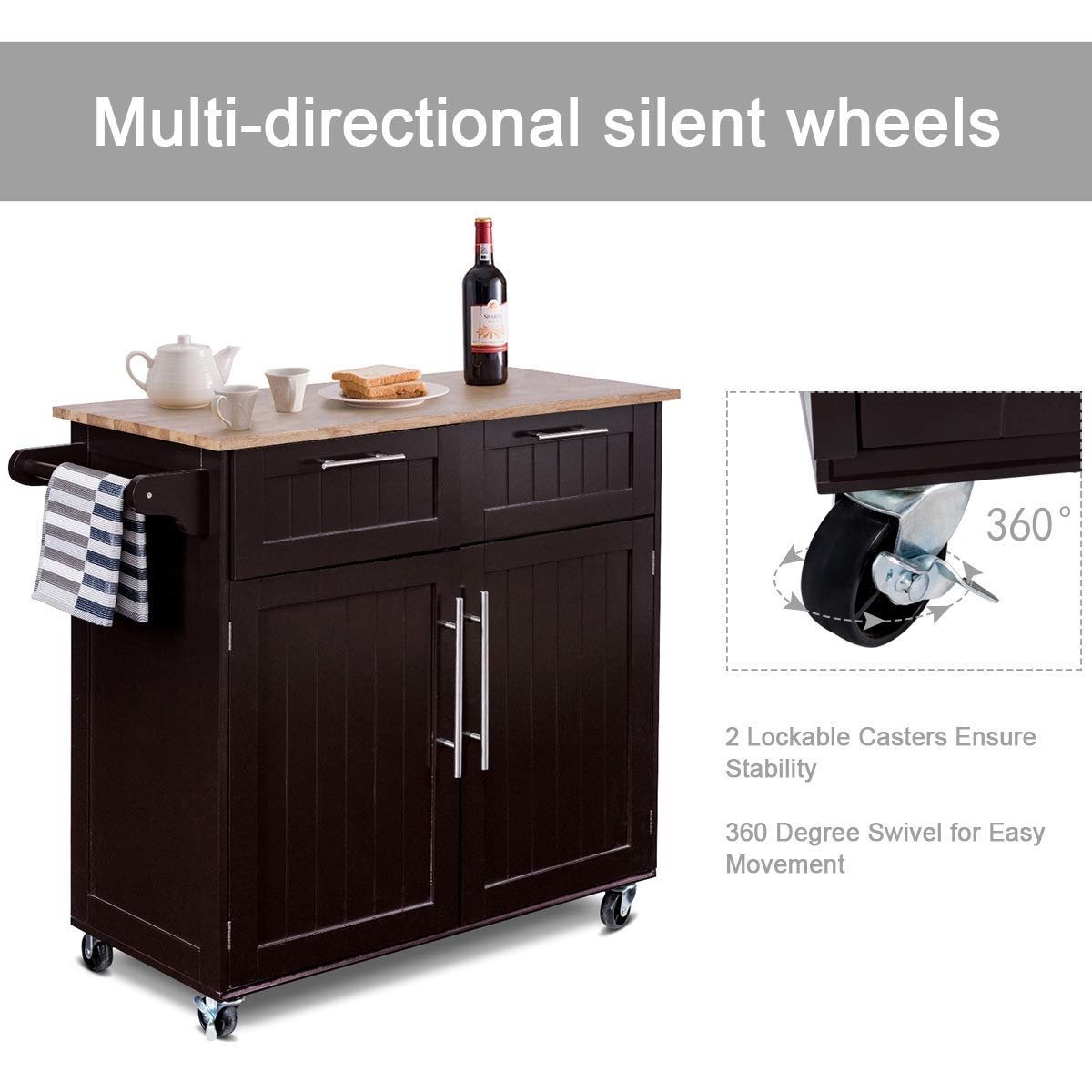 Heavy Duty Rolling Kitchen Cart with Tower Holder and Drawer, Brown Kitchen Islands & Carts   at Gallery Canada