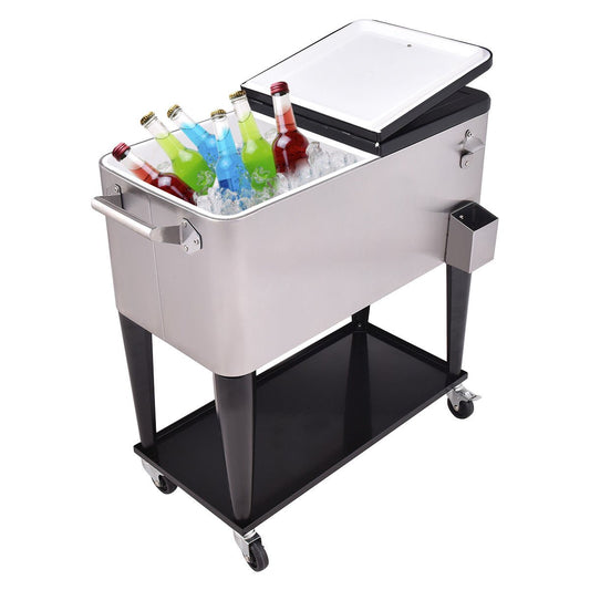 80 Quart Patio Rolling Stainless Steel Ice Beverage Cooler, Gray - Gallery Canada