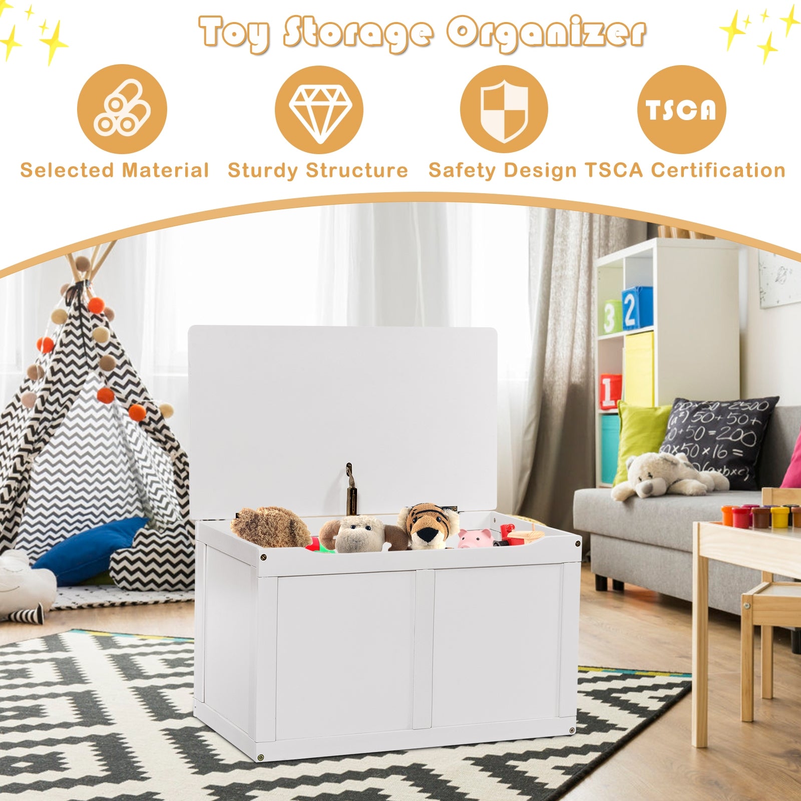 Safety Hinge Wooden Chest Organizer Toy Storage Box, White Kids Storage   at Gallery Canada