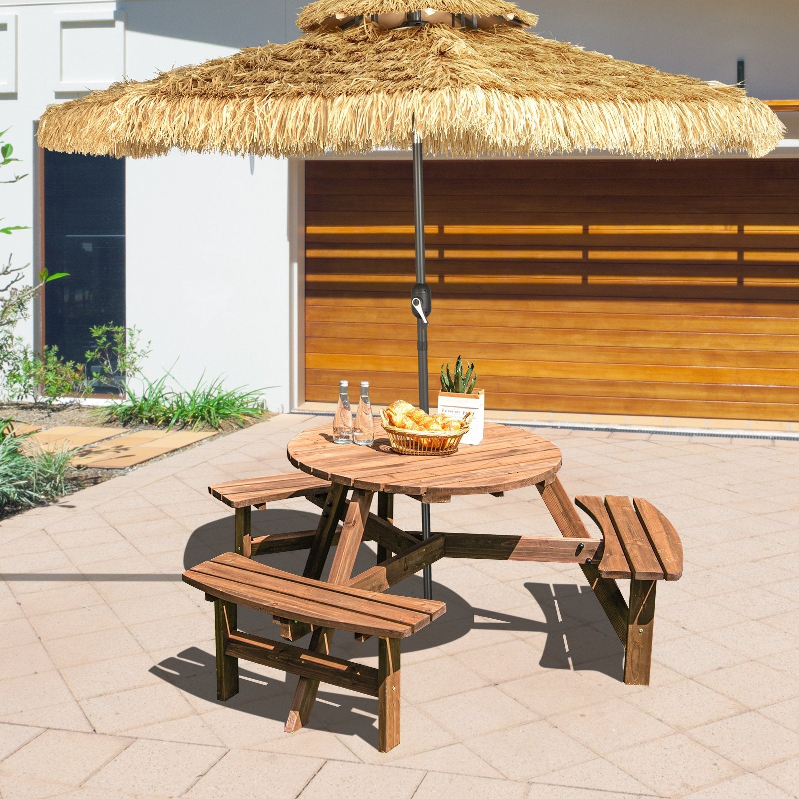 6 Person Wooden Picnic Table Set with Bench and Umbrella Hold Picnic Tables   at Gallery Canada