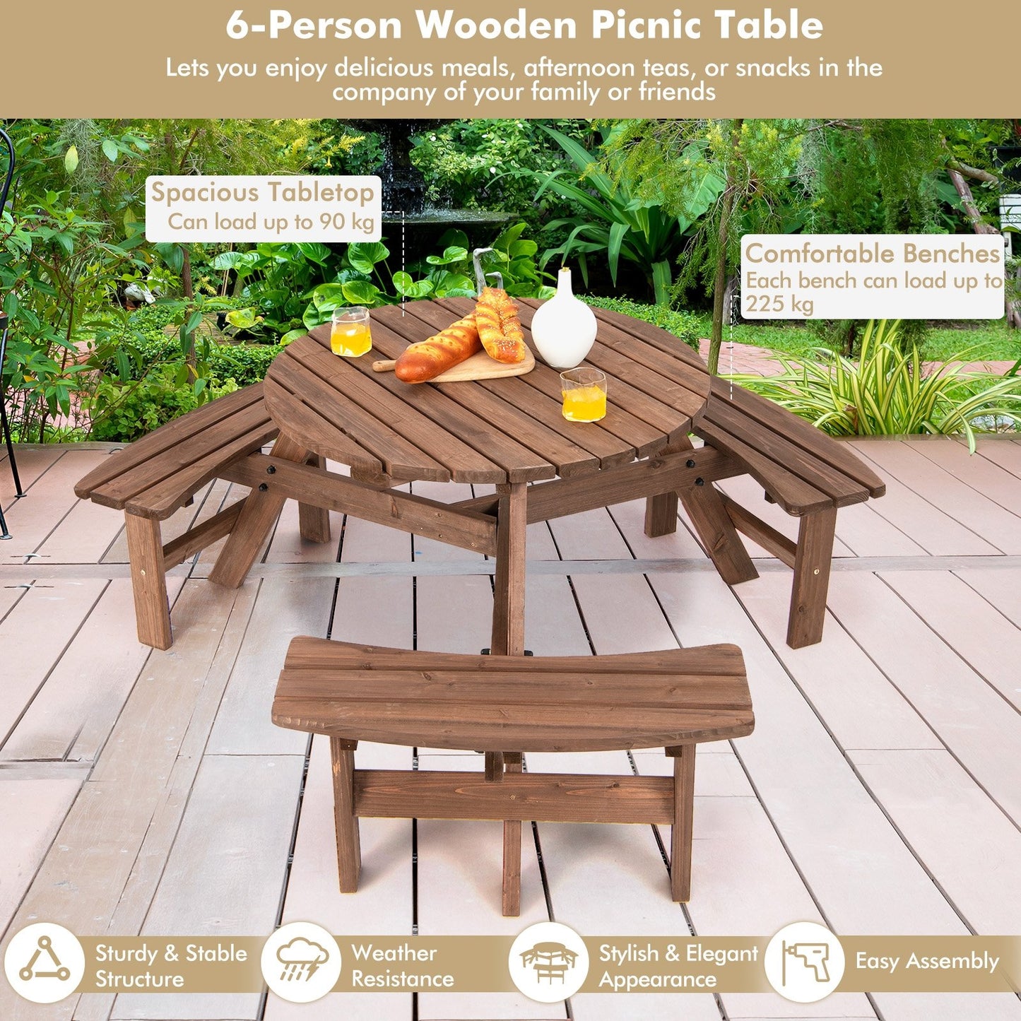 6 Person Wooden Picnic Table Set with Bench and Umbrella Hold Picnic Tables   at Gallery Canada