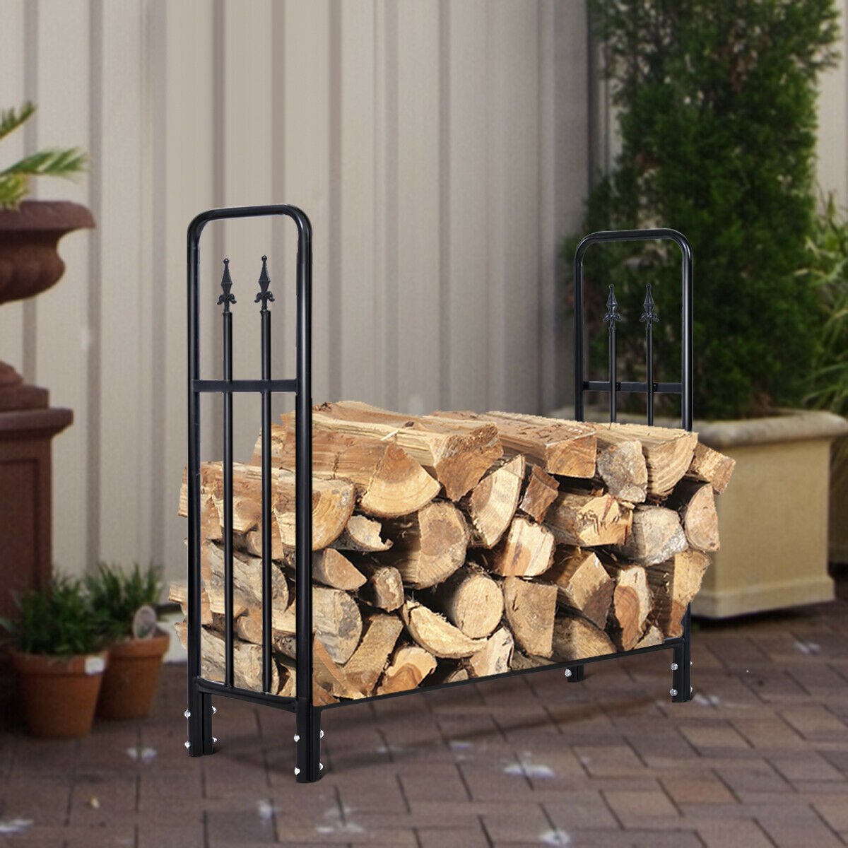 4 Feet Outdoor Heavy Duty Steel Firewood Wood Storage Rack, Black Log Storage   at Gallery Canada