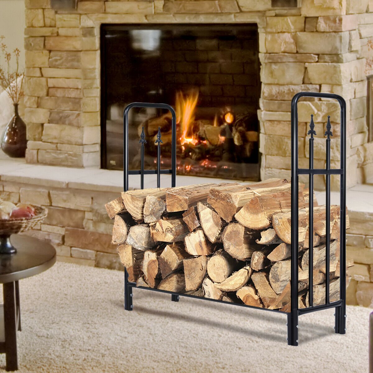 4 Feet Outdoor Heavy Duty Steel Firewood Wood Storage Rack, Black Log Storage   at Gallery Canada