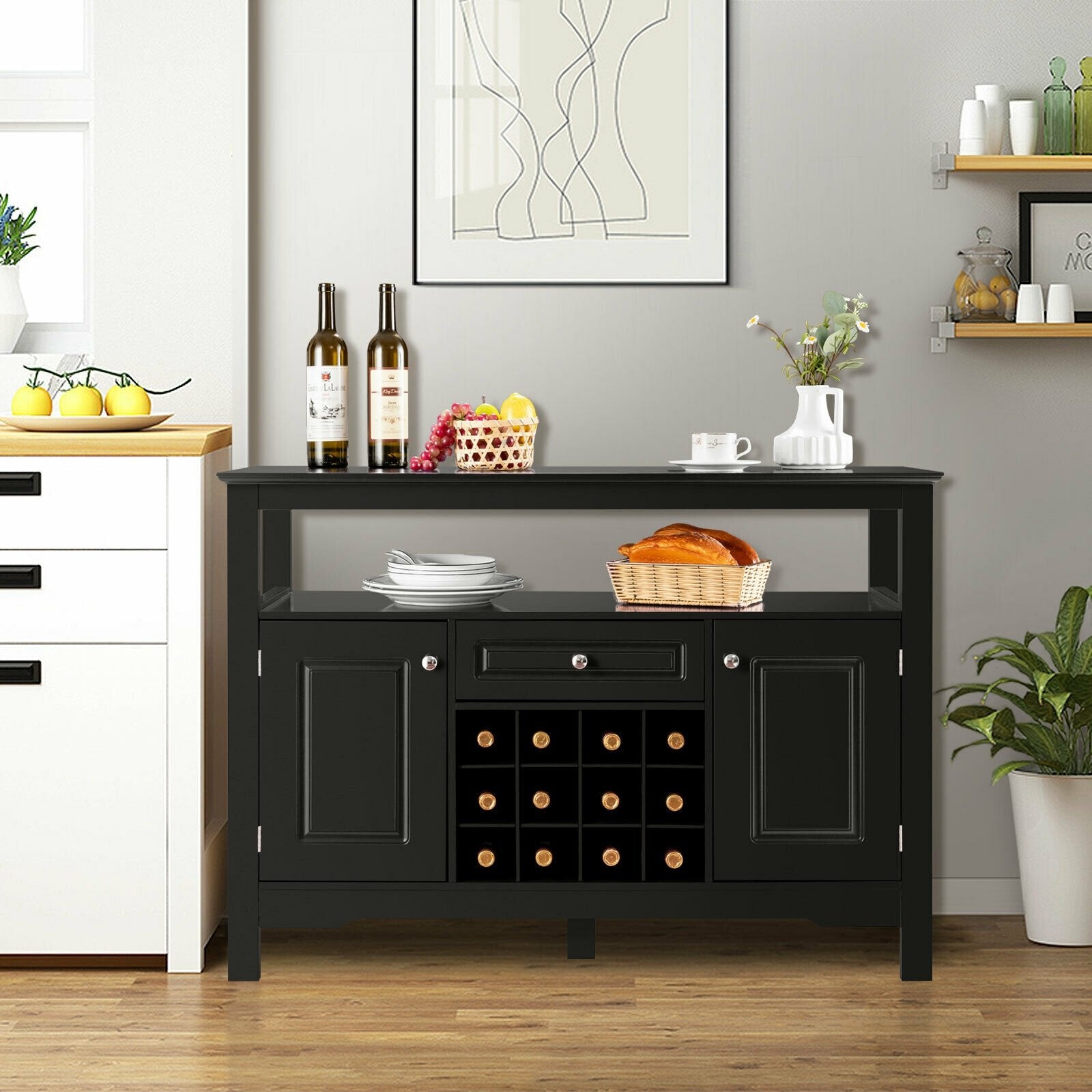 Elegant Classical Multifunctional Wooden Wine Cabinet Table, Black Sideboards Cabinets & Buffets   at Gallery Canada