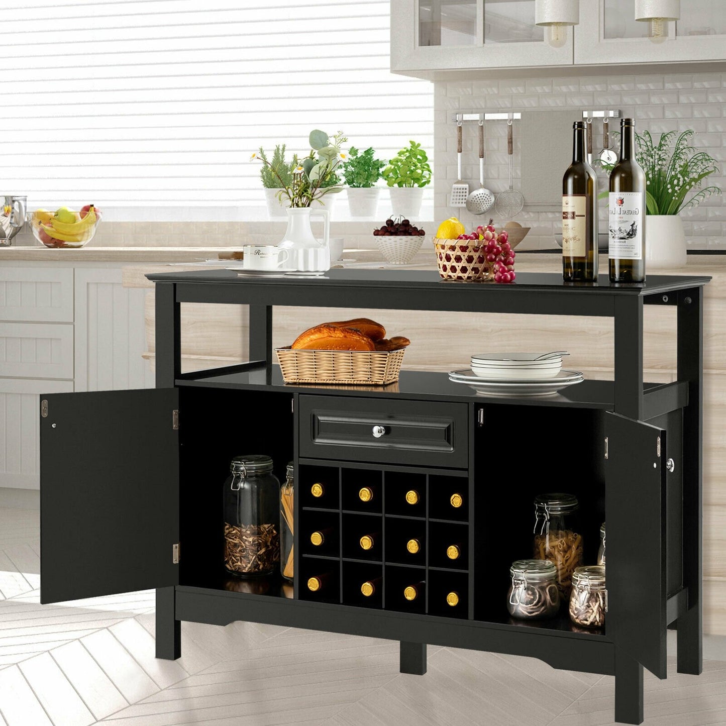 Elegant Classical Multifunctional Wooden Wine Cabinet Table, Black Sideboards Cabinets & Buffets   at Gallery Canada