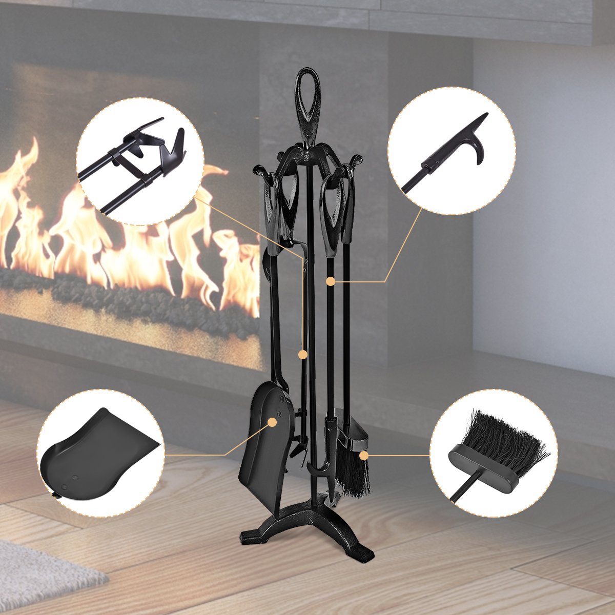 5 Pieces Rustic Heavy Duty Compact Wrought Iron Fireplace Tools Set, Black - Gallery Canada