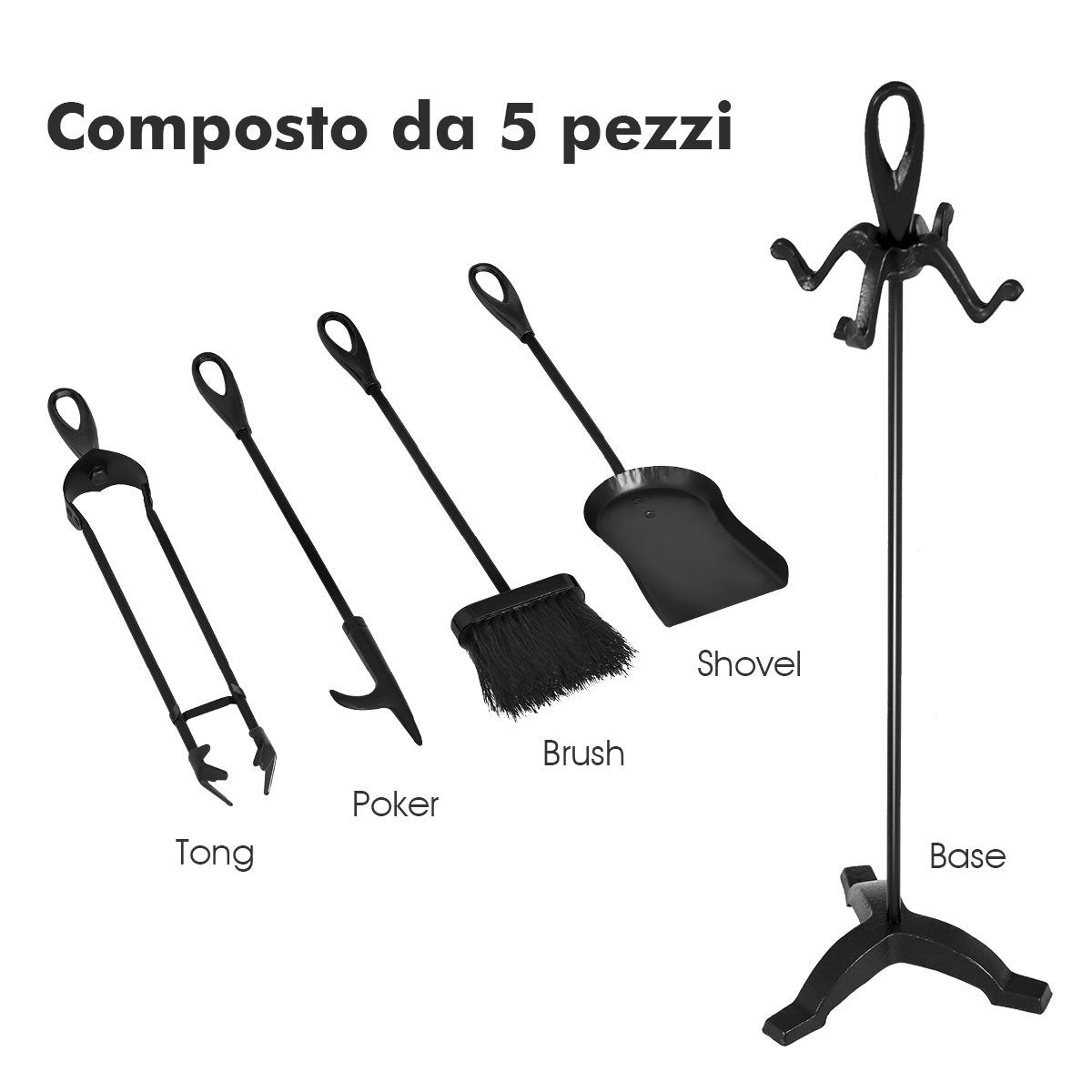 5 Pieces Rustic Heavy Duty Compact Wrought Iron Fireplace Tools Set, Black Fireplace Tools   at Gallery Canada