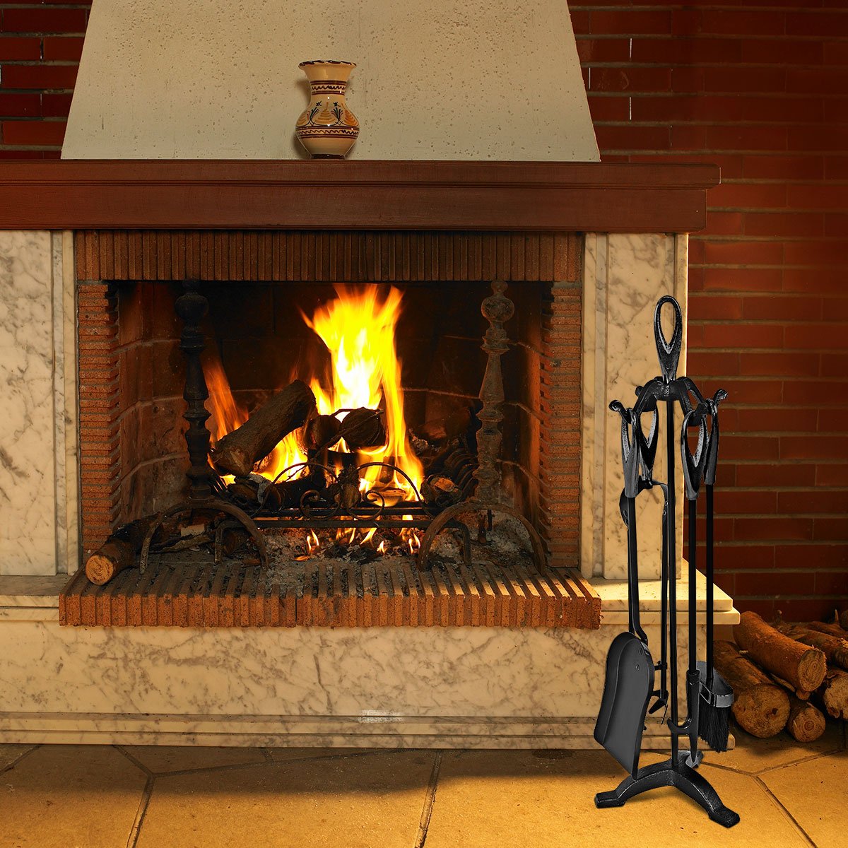 5 Pieces Rustic Heavy Duty Compact Wrought Iron Fireplace Tools Set, Black Fireplace Tools   at Gallery Canada