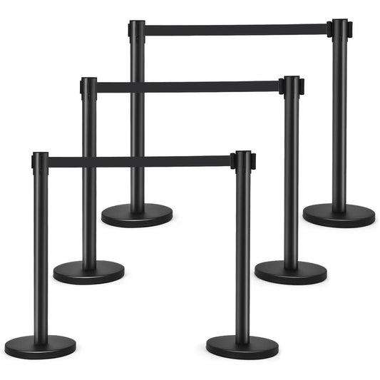 6 Pieces Retractable Black Stanchion Posts Queue Pole with 6.5ft Retractable Belt, Black Queue Pole Black at Gallery Canada