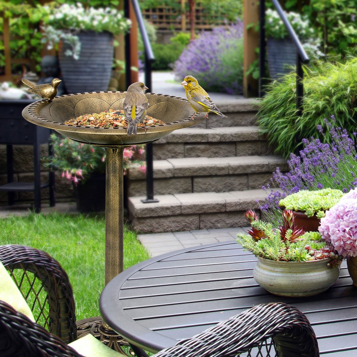 Antique Gold Freestanding Pedestal Bird Bath Feeder, Golden Bird Supplies   at Gallery Canada