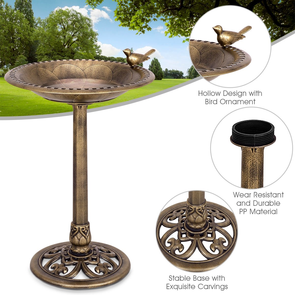 Antique Gold Freestanding Pedestal Bird Bath Feeder, Golden Bird Supplies   at Gallery Canada