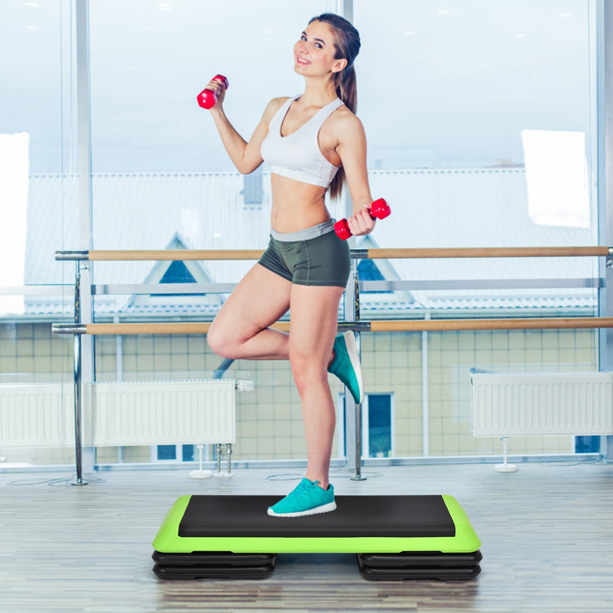 43 Inch Height Adjustable Fitness Aerobic Step with Risers, Green Sport Equipments   at Gallery Canada