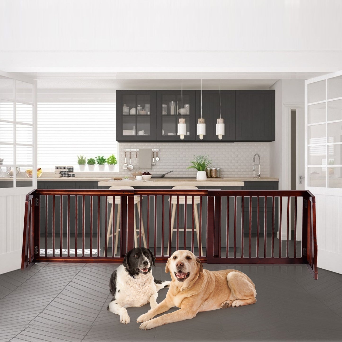 Folding Adjustable Free Standing 3 Panel Wood Fence, Brown Pet Gate   at Gallery Canada