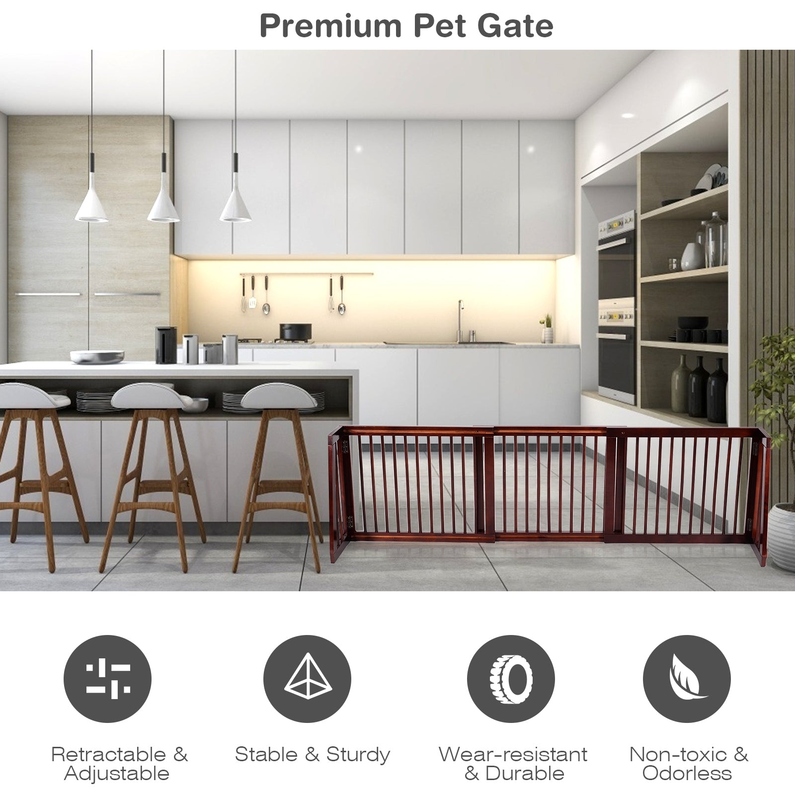 Folding Adjustable Free Standing 3 Panel Wood Fence, Brown Pet Gate   at Gallery Canada