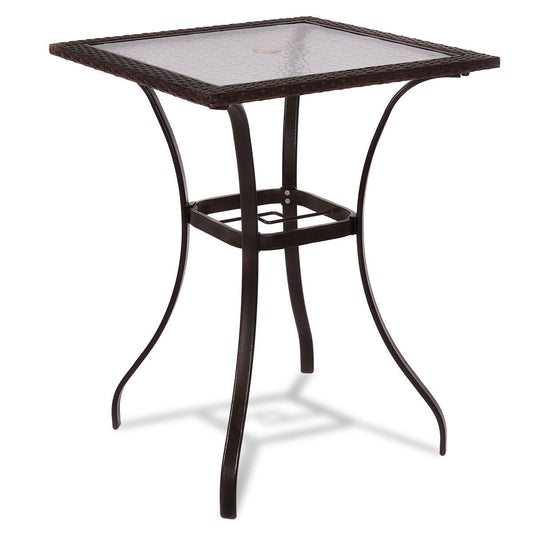 28.5 Inch Outdoor Patio Square Glass Top Table with Rattan Edging, Brown - Gallery Canada