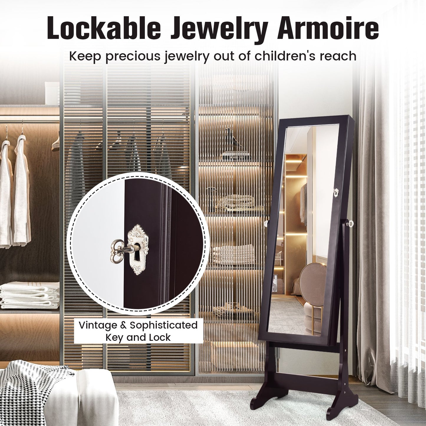 Lockable Mirrored Jewelry Cabinet with Stand and Led Lights, Brown Jewelry Armoires   at Gallery Canada