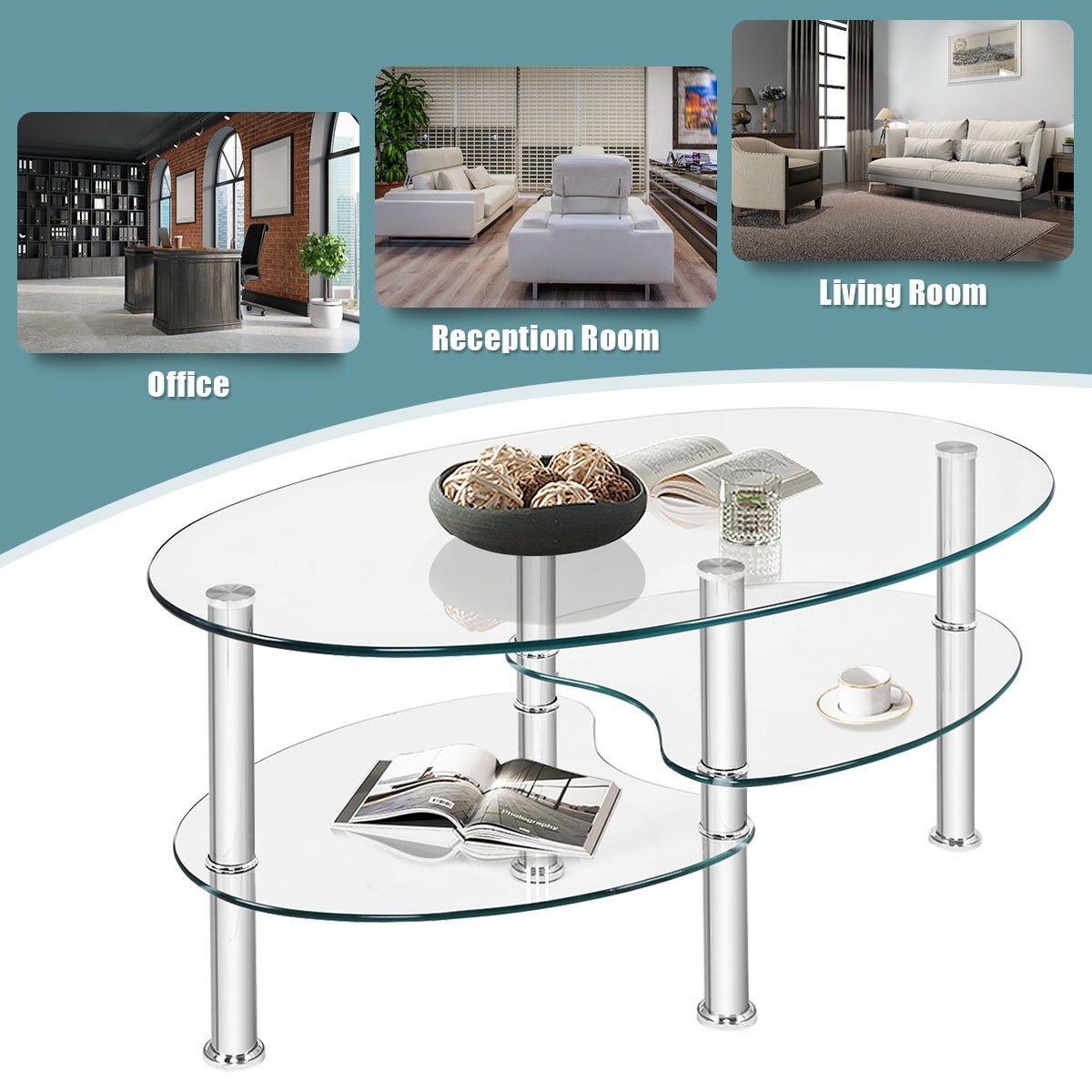 Tempered Glass Oval Side Coffee Table, Transparent Coffee Tables   at Gallery Canada