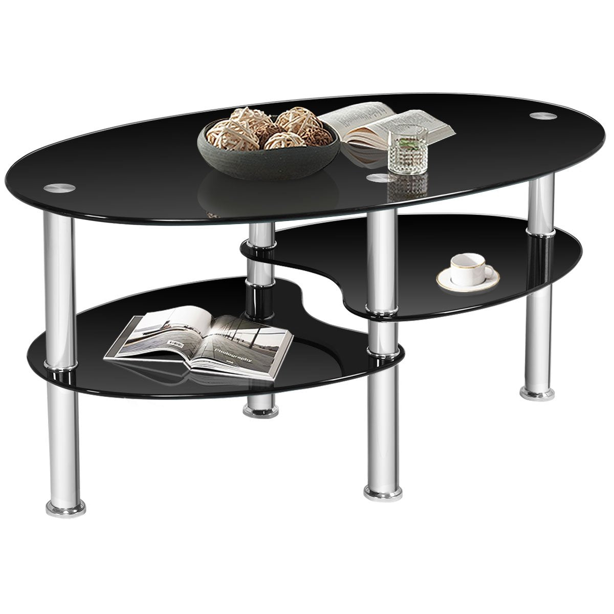 Tempered Glass Oval Side Coffee Table, Black Coffee Tables   at Gallery Canada