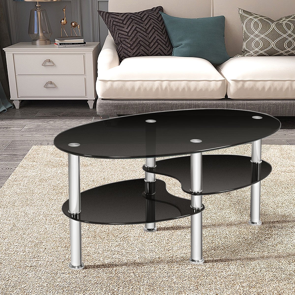 Tempered Glass Oval Side Coffee Table, Black Coffee Tables   at Gallery Canada