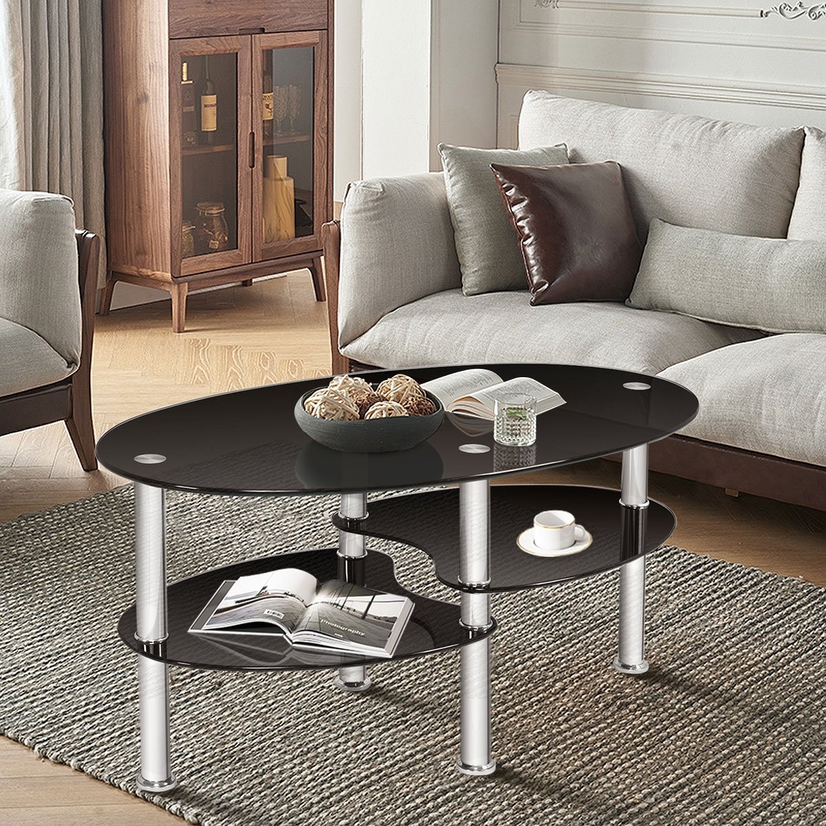 Tempered Glass Oval Side Coffee Table, Black Coffee Tables   at Gallery Canada