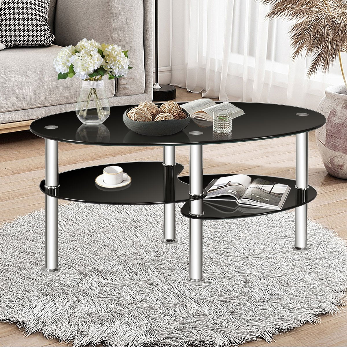 Tempered Glass Oval Side Coffee Table, Black Coffee Tables   at Gallery Canada