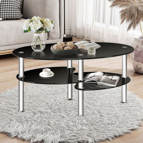 Tempered Glass Oval Side Coffee Table, Black