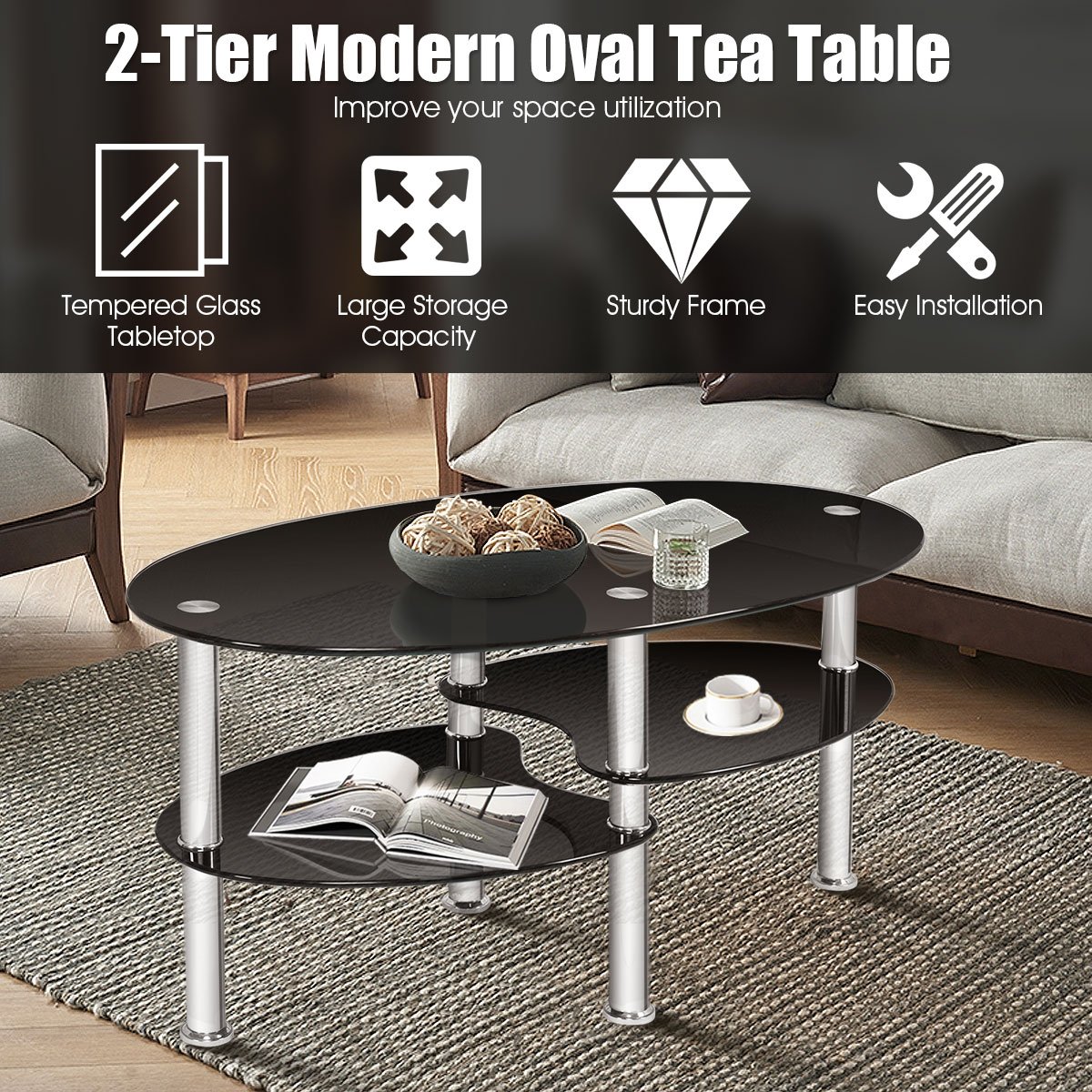 Tempered Glass Oval Side Coffee Table, Black Coffee Tables   at Gallery Canada