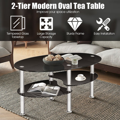 Tempered Glass Oval Side Coffee Table, Black Coffee Tables   at Gallery Canada