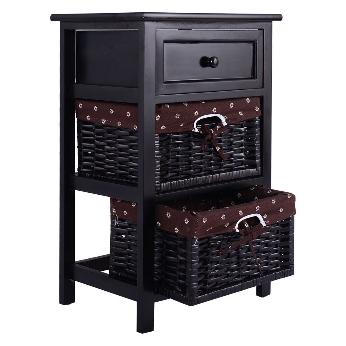 3 Tiers Wooden Storage Nightstand with 2 Baskets and 1 Drawer-black, Black Nightstands   at Gallery Canada