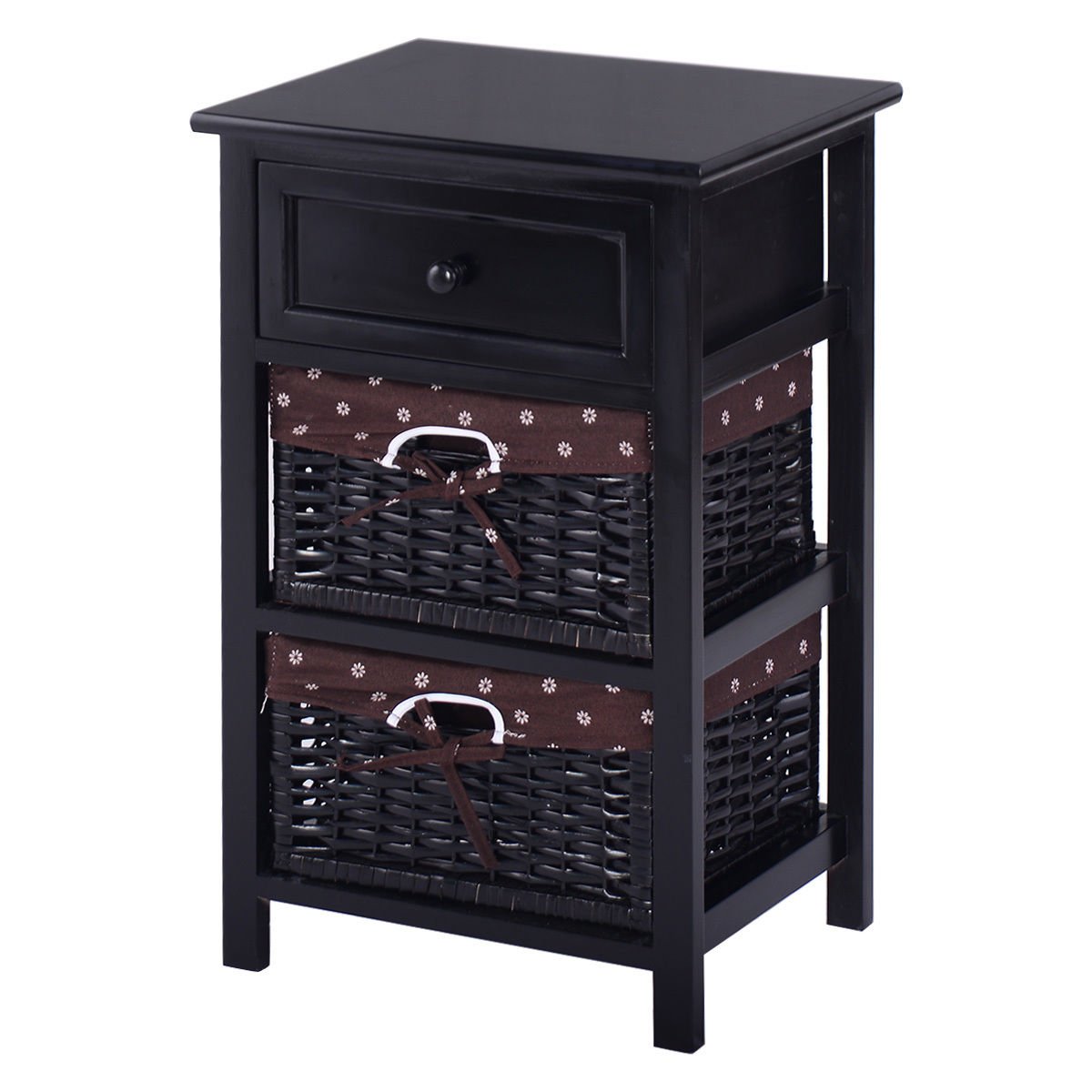 3 Tiers Wooden Storage Nightstand with 2 Baskets and 1 Drawer-black, Black Nightstands at Gallery Canada