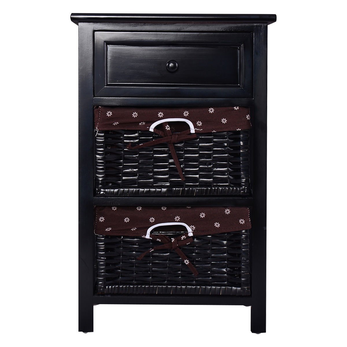 3 Tiers Wooden Storage Nightstand with 2 Baskets and 1 Drawer-black, Black Nightstands at Gallery Canada