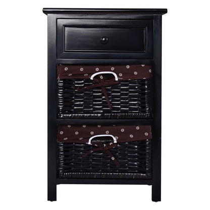 3 Tiers Wooden Storage Nightstand with 2 Baskets and 1 Drawer-black, Black Nightstands at Gallery Canada