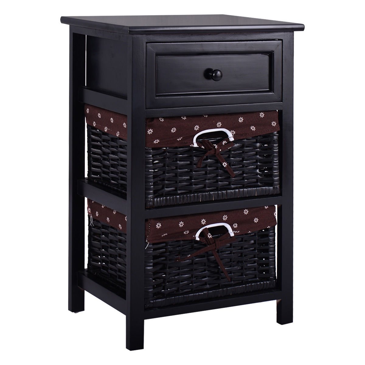 3 Tiers Wooden Storage Nightstand with 2 Baskets and 1 Drawer-black, Black Nightstands at Gallery Canada