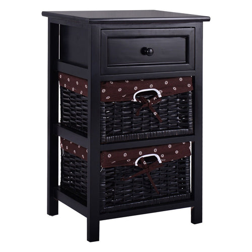 3 Tiers Wooden Storage Nightstand with 2 Baskets and 1 Drawer-black, Black