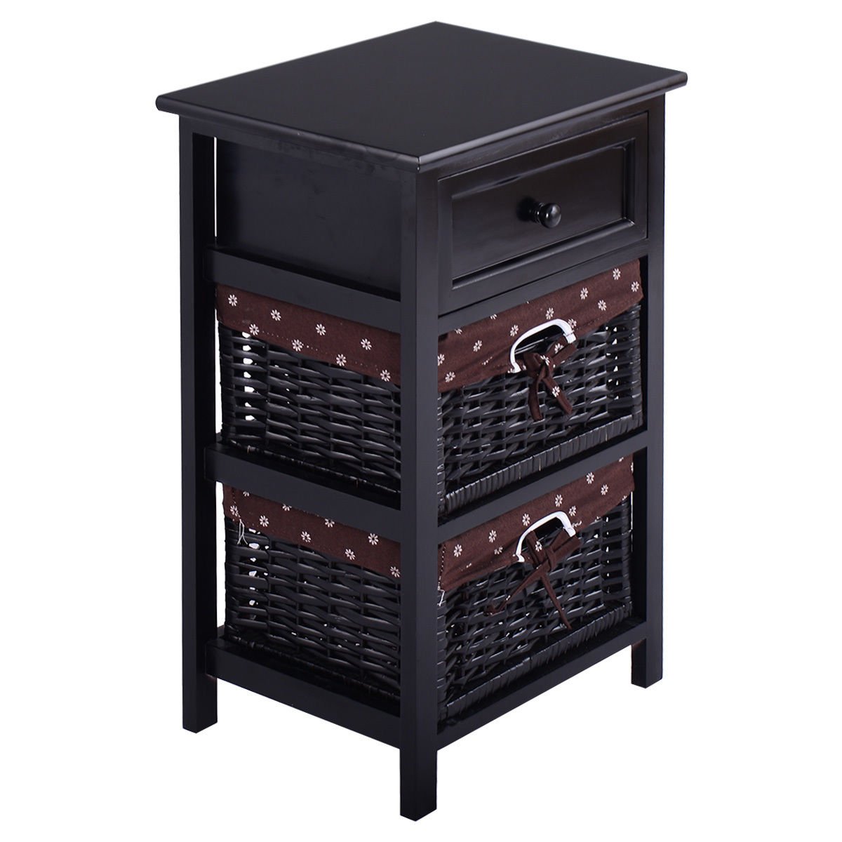 3 Tiers Wooden Storage Nightstand with 2 Baskets and 1 Drawer-black, Black Nightstands   at Gallery Canada