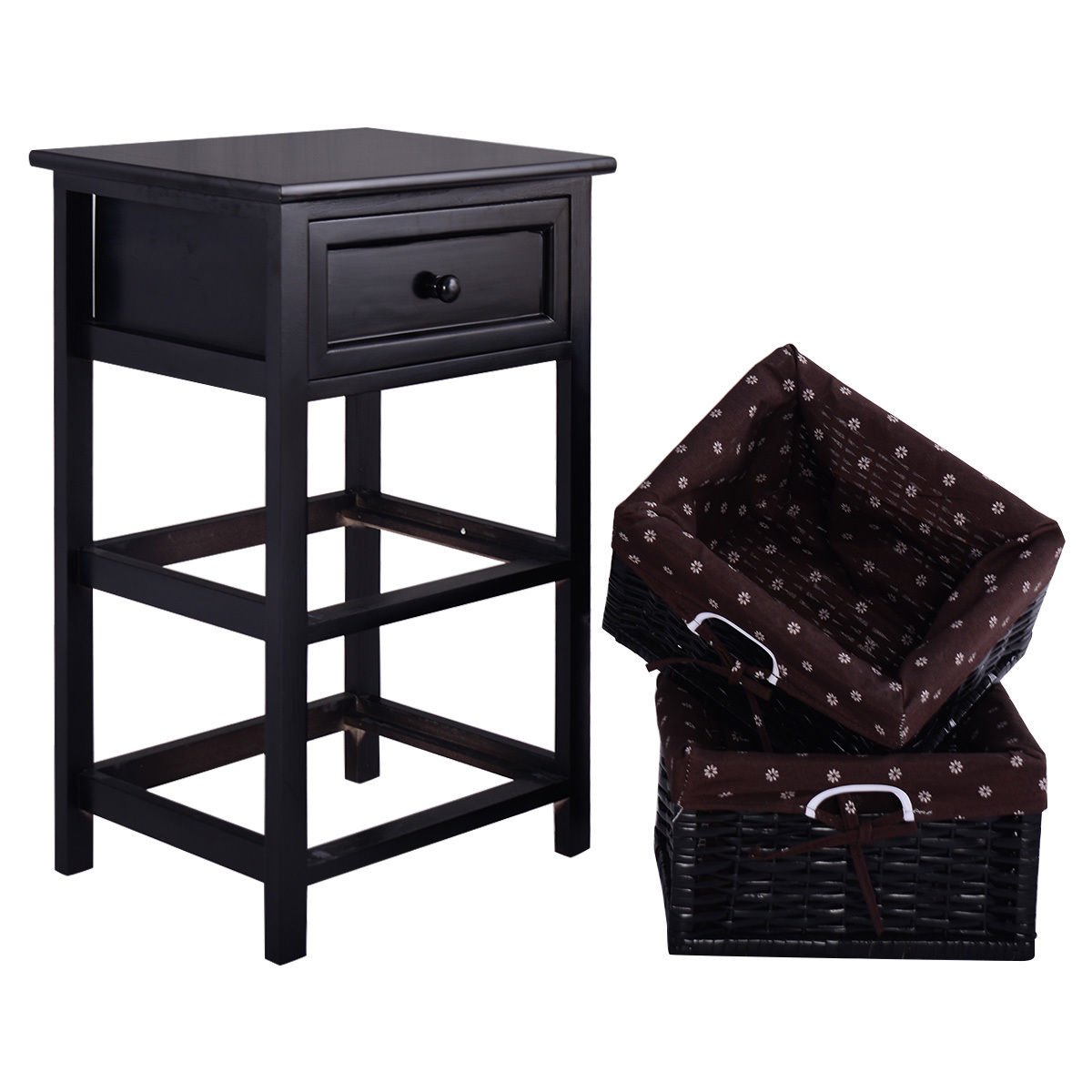 3 Tiers Wooden Storage Nightstand with 2 Baskets and 1 Drawer-black, Black Nightstands   at Gallery Canada