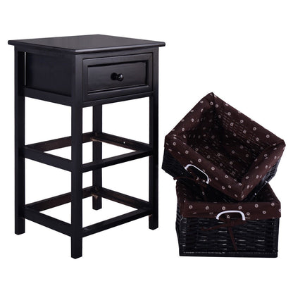 3 Tiers Wooden Storage Nightstand with 2 Baskets and 1 Drawer-black, Black Nightstands at Gallery Canada