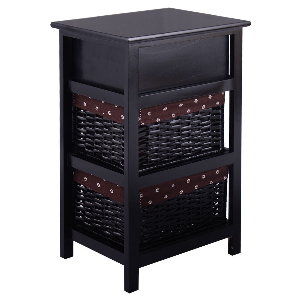 3 Tiers Wooden Storage Nightstand with 2 Baskets and 1 Drawer-black, Black Nightstands at Gallery Canada