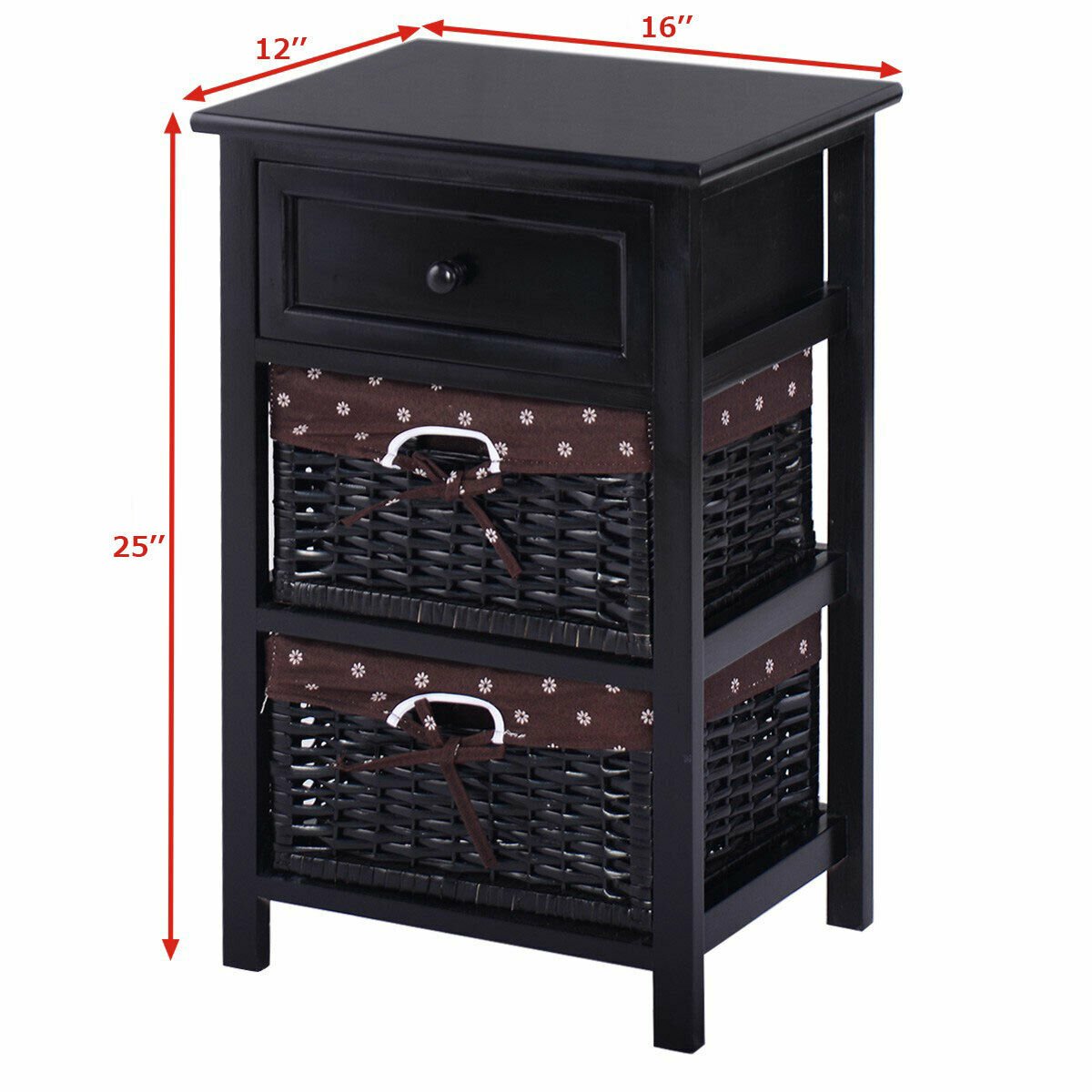 3 Tiers Wooden Storage Nightstand with 2 Baskets and 1 Drawer-black, Black Nightstands at Gallery Canada