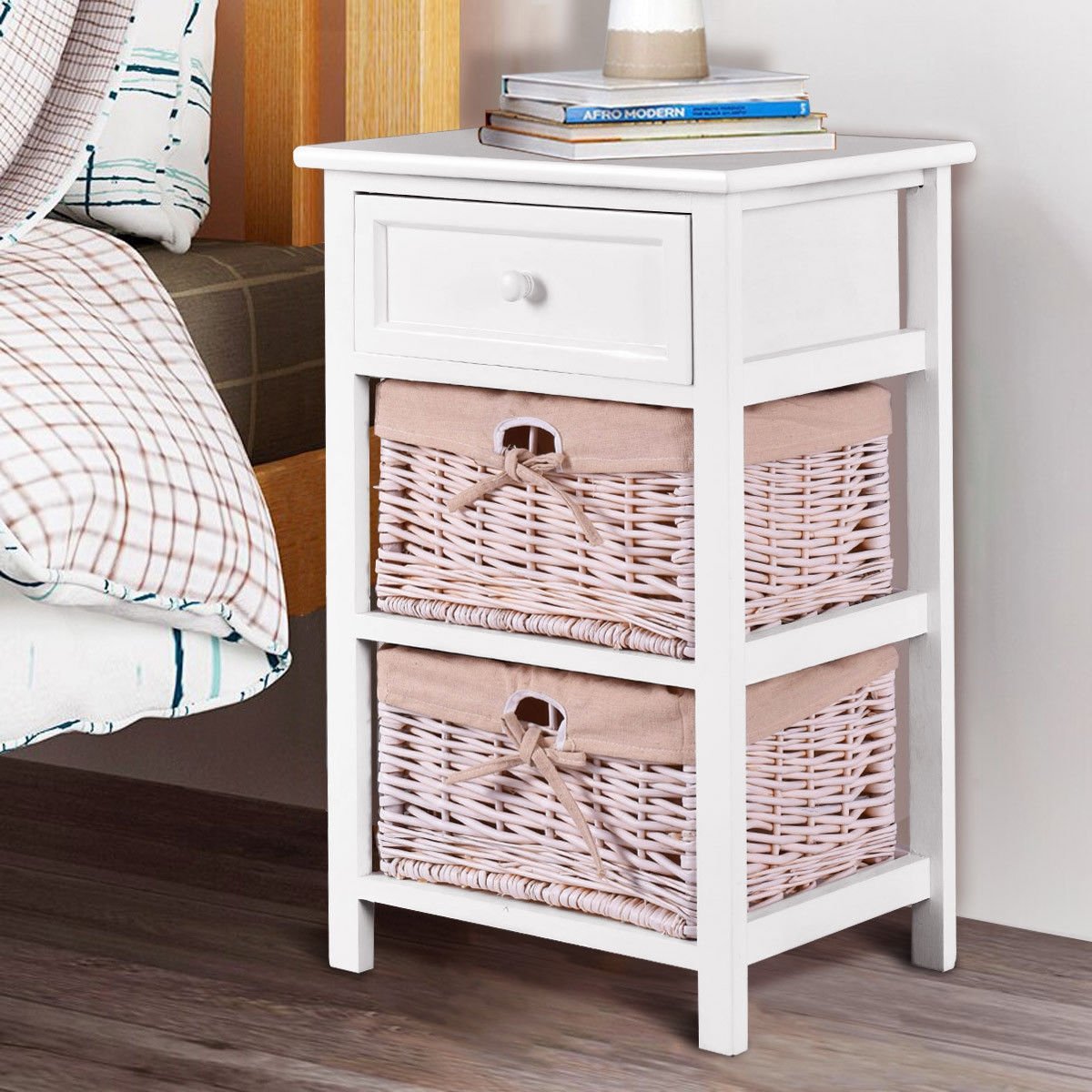3 Tiers Wooden Storage Nightstand with 2 Baskets and 1 Drawer-white, White - Gallery Canada