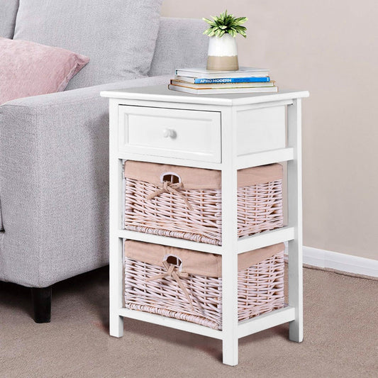 3 Tiers Wooden Storage Nightstand with 2 Baskets and 1 Drawer-white, White Nightstands   at Gallery Canada