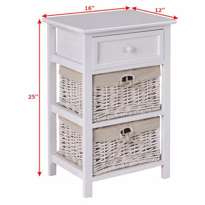 3 Tiers Wooden Storage Nightstand with 2 Baskets and 1 Drawer-white, White - Gallery Canada