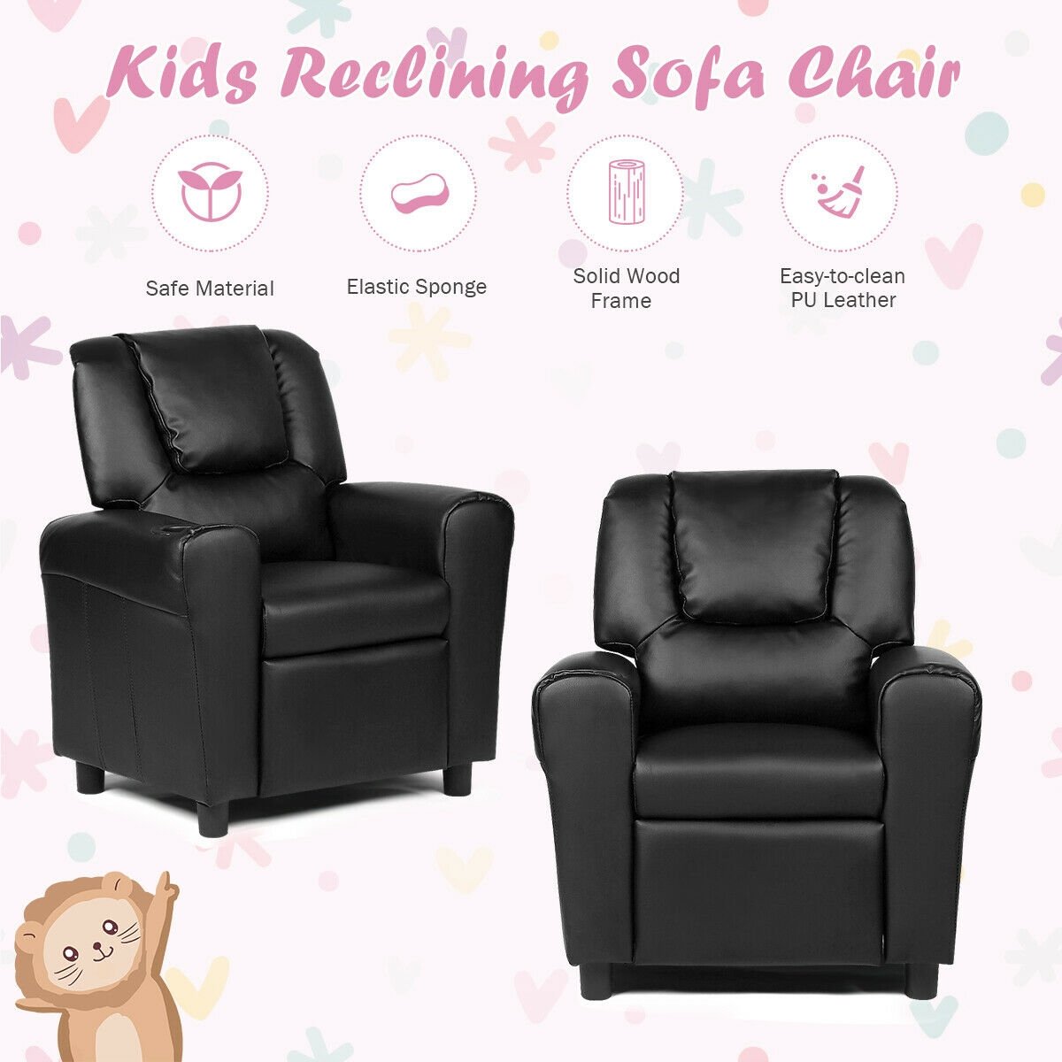 Kids Recliner Armchair Sofa, Black Kids Chairs & Seating   at Gallery Canada