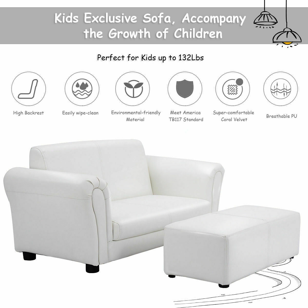 Soft Kids Double Sofa with Ottoman, White Kids Chairs & Seating   at Gallery Canada